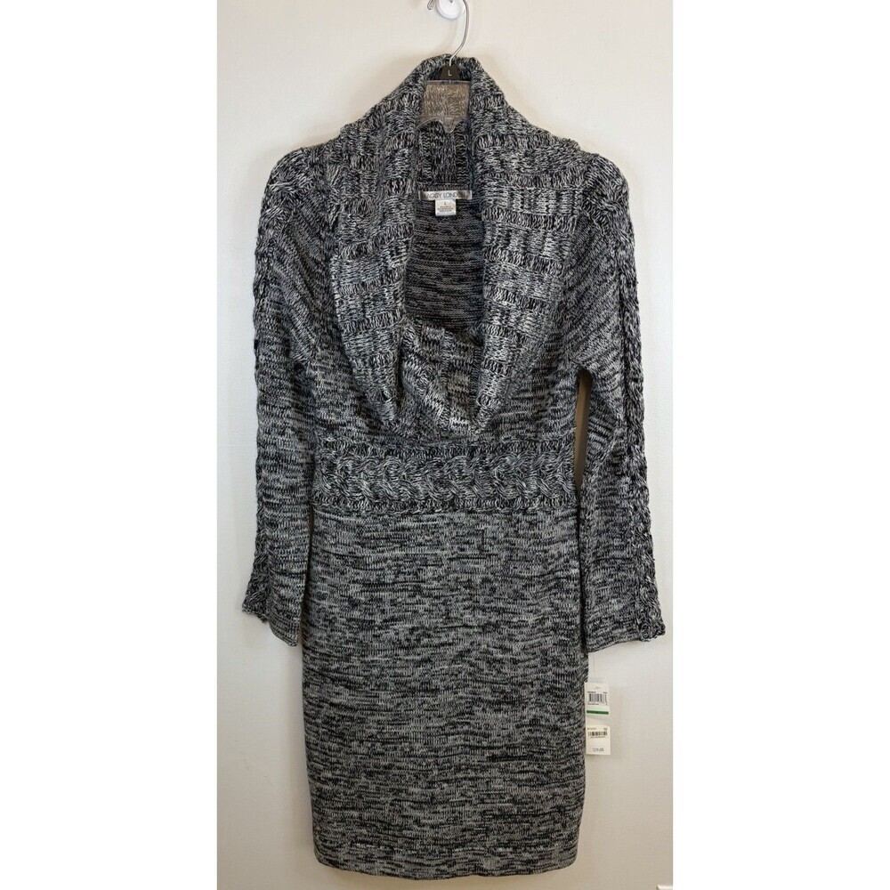 MAGGY LONDON Black White Marled Cowl Neck Sweater Dress Large LS Merino Wool NEW